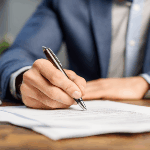 Homme signant des documents importants. promesse de vente