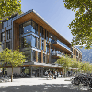 Résidence étudiante moderne dans le canton de Vaud avec vélos et montagnes, illustrant le prêt cantonal à 0 % pour logements étudiants.