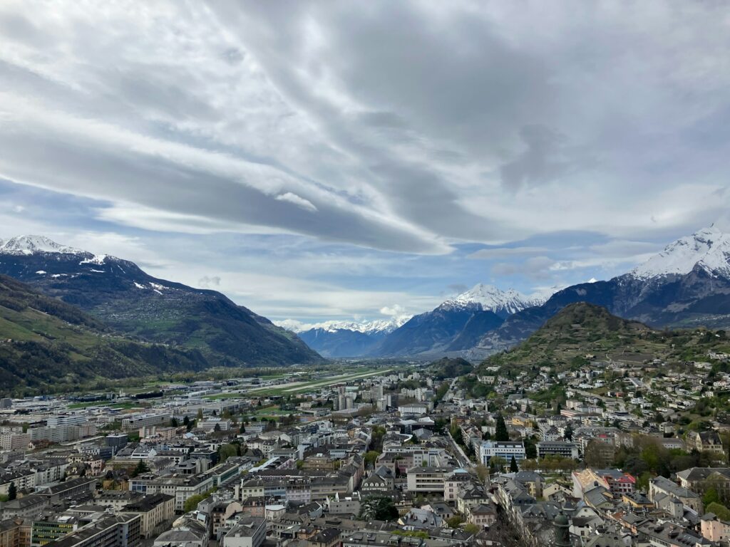 a view of a city with mountains in the background