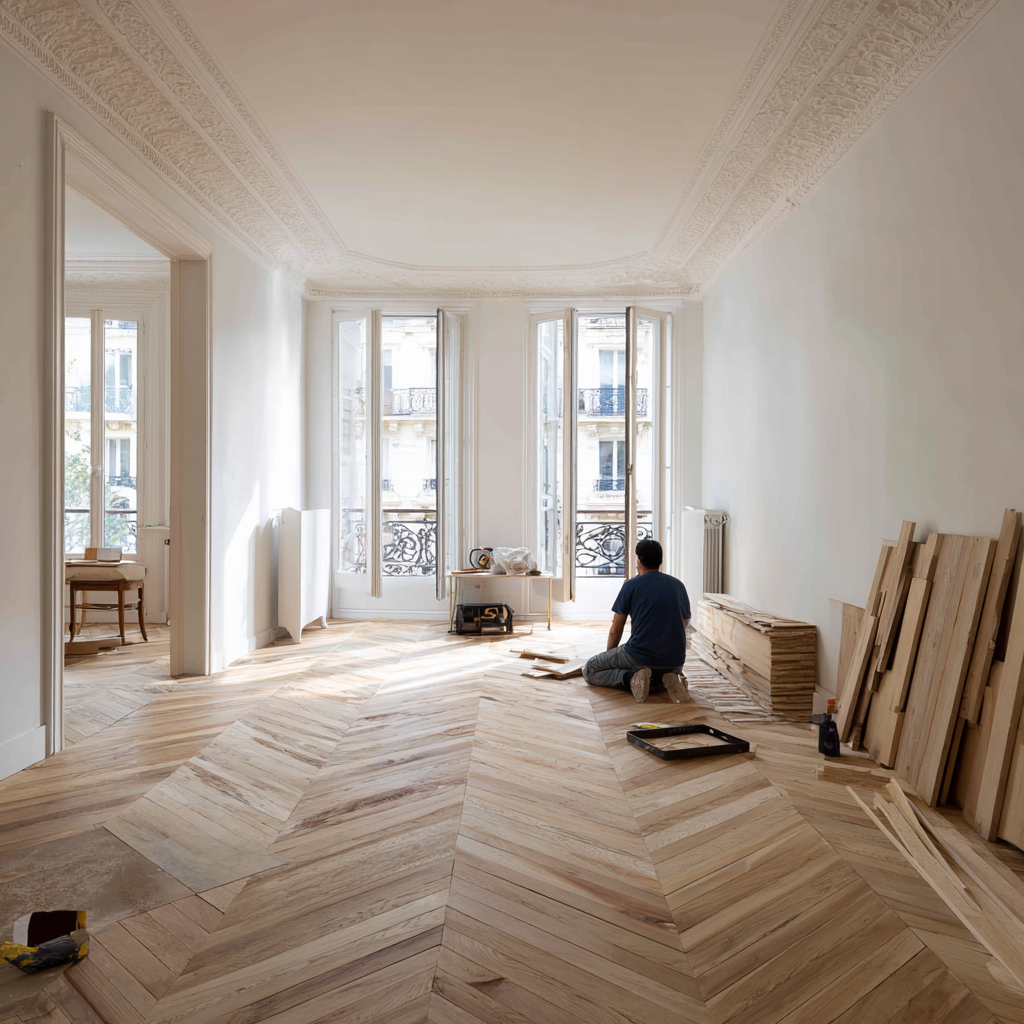 Bureau lumineux dans un appartement PPE : table en bois, iPad et fleurs, grande fenêtre ouverte avec vue sur un lac.