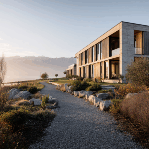 Immeuble résidentiel contemporain en Suisse romande avec vue lointaine sur les Alpes, idéal pour illustrer le droit de superficie.