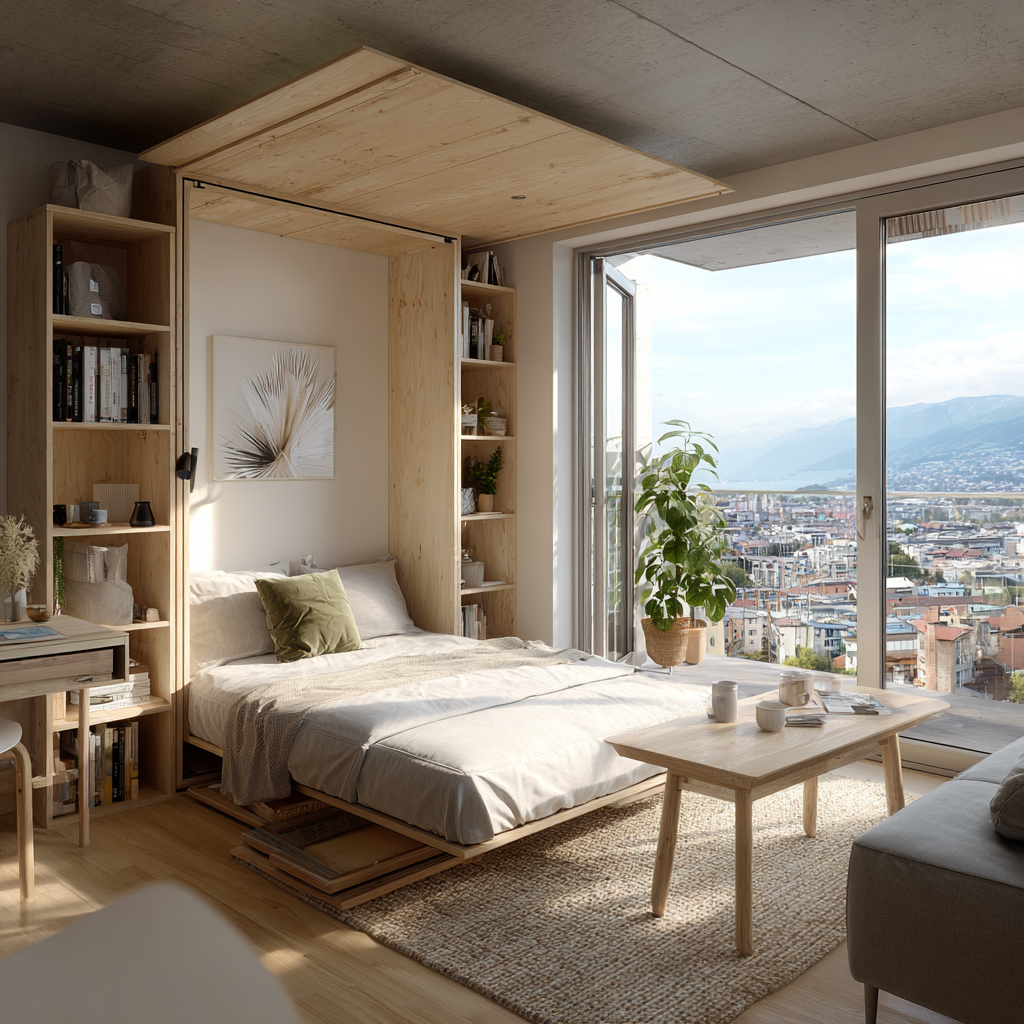 ne illustration réaliste et lumineuse d’un micro-logement moderne en Suisse romande, environ 25 à 30 m², avec un design minimaliste et fonctionnel : grande baie vitrée donnant sur un paysage urbain suisse (Lausanne ou Genève),
