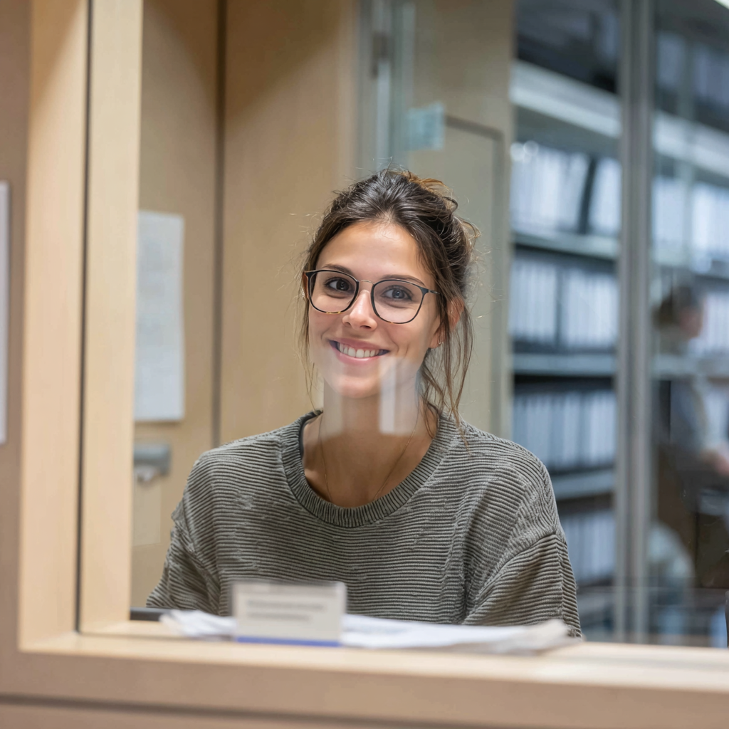 Femme au guichet administratif. Fribourg
