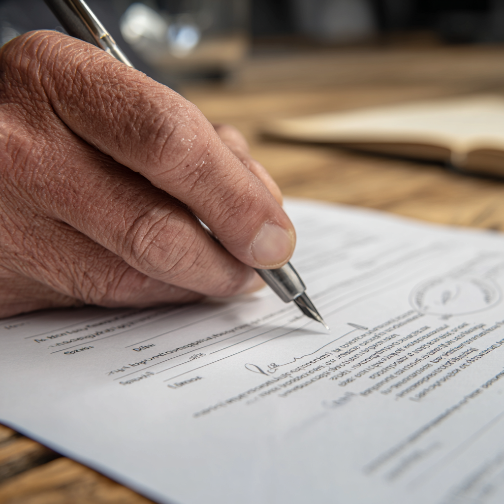 Main signant un document officiel à Fribourg