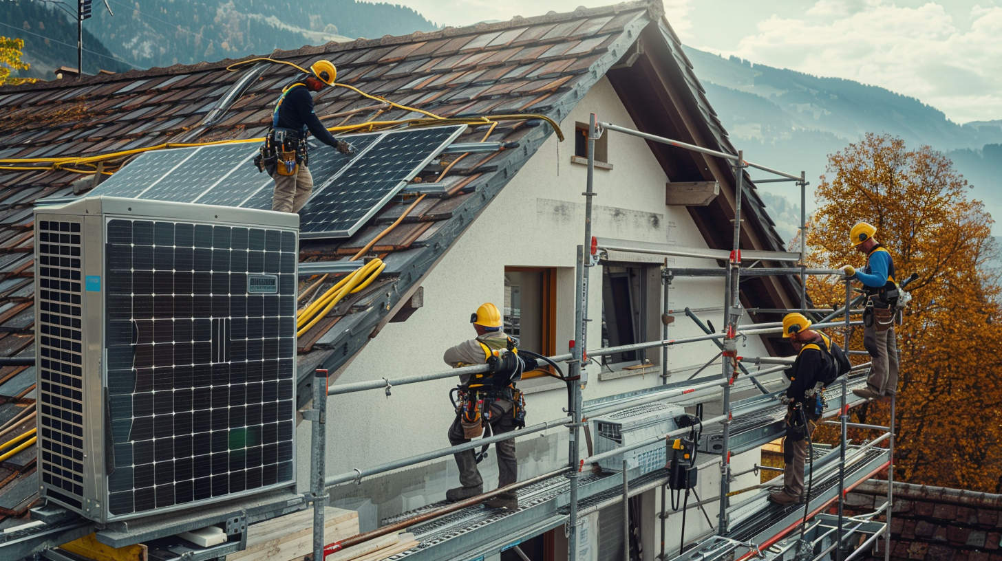 Des employés sur un toit entrain de mettre en place des panneaux solaires