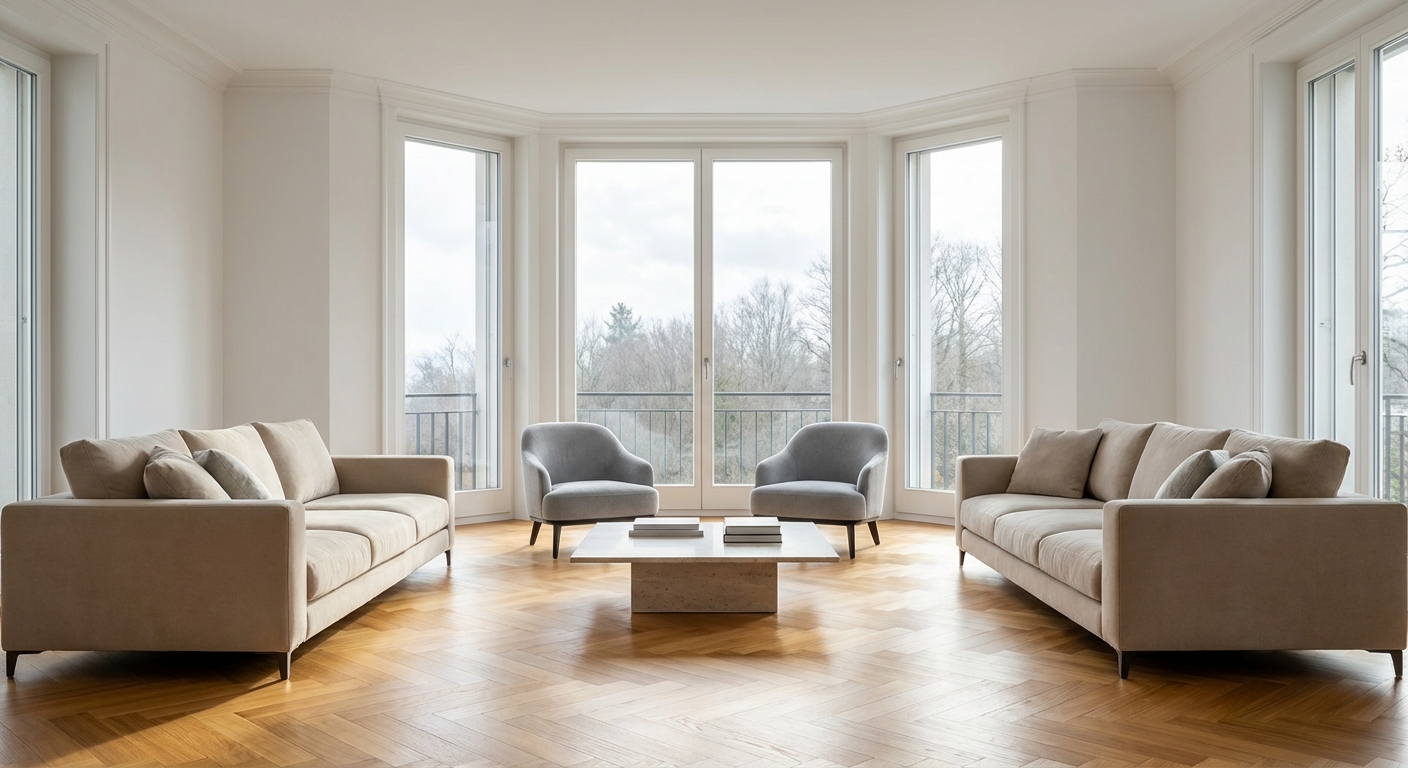 Grand salon lumineux d'une propriété financée par un crédit hypothécaire à Préverenges.