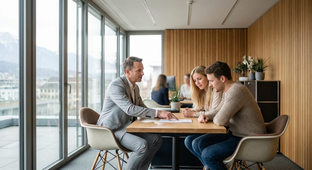 Consultation professionnelle pour un crédit hypothécaire à Matran entre un conseiller financier et un couple d'acquéreurs dans un bureau moderne.