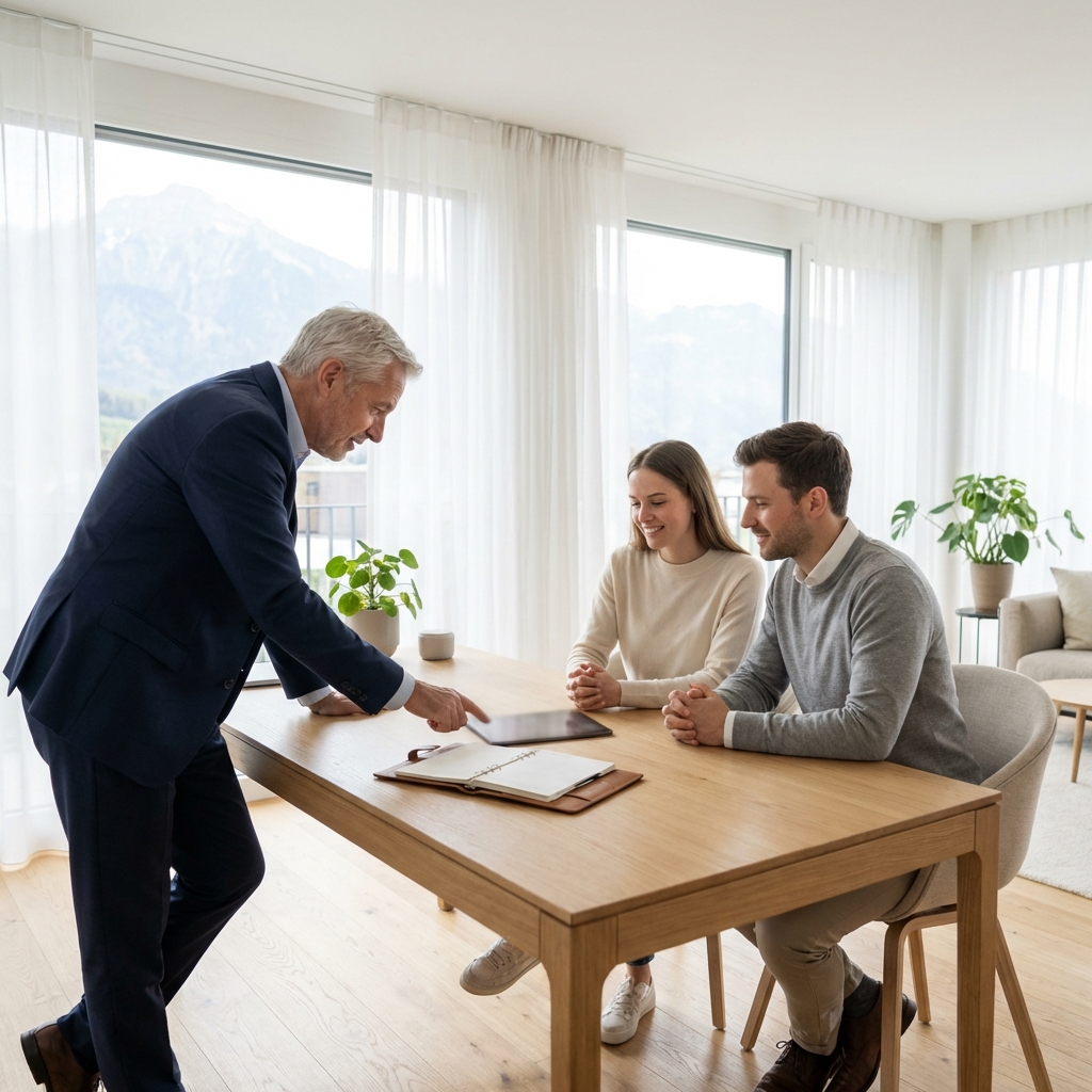 Consultation pour un crédit hypothécaire à Boudry, un expert échange avec un couple dans un bureau lumineux.