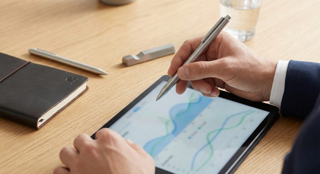 Analyse détaillée des taux pour un dossier de crédit hypothécaire à Matran sur tablette numérique avec graphiques floutés.