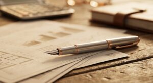 Détail d'un bureau de courtier préparant une simulation de crédit hypothécaire à Boudry, stylo et documents floutés.