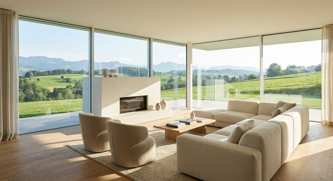 Intérieur résidentiel suisse moderne et lumineux, illustrant le type de bien financé par un crédit hypothécaire à Matran.