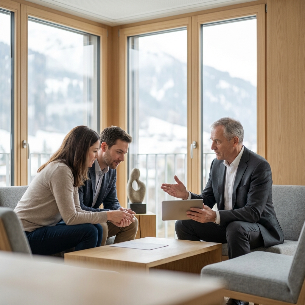 Consultation professionnelle pour un crédit hypothécaire à Courtepin dans un bureau moderne et lumineux