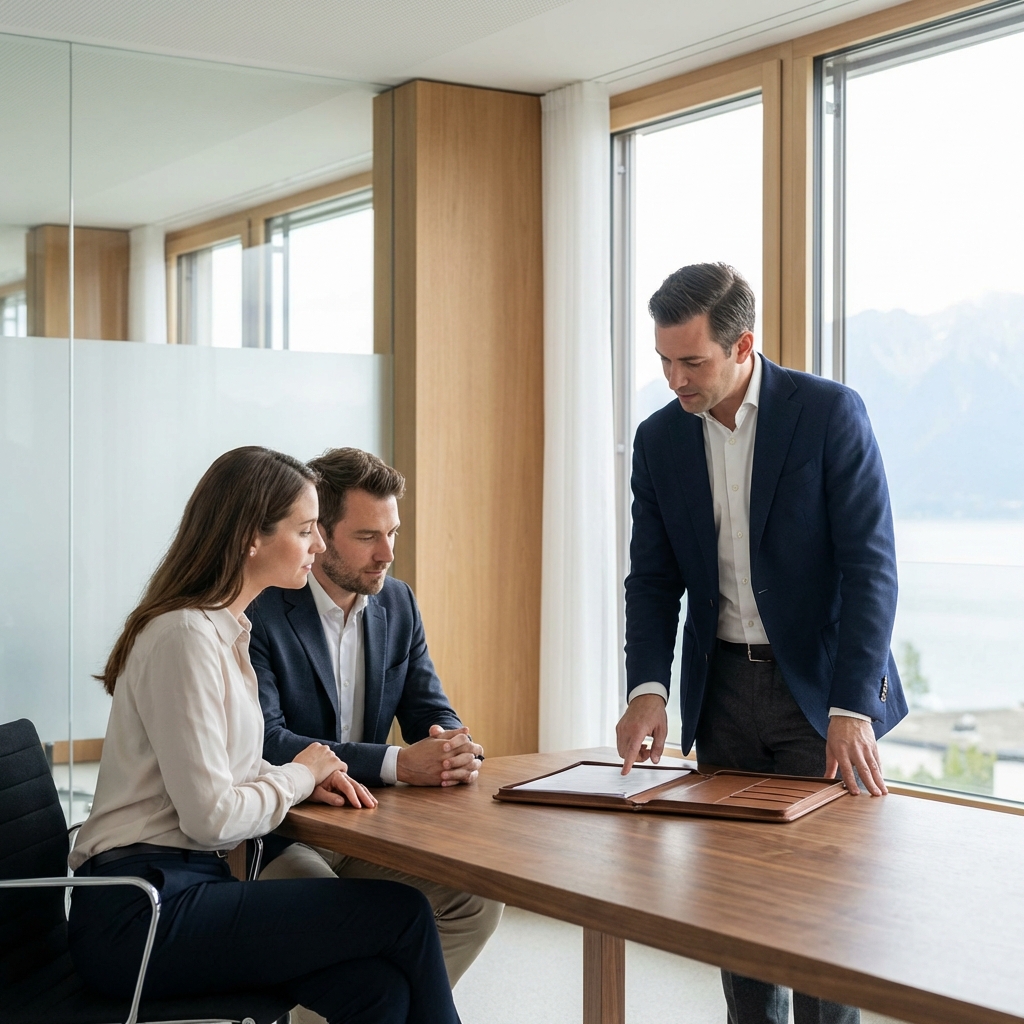 Consultation financière pour un crédit hypothécaire à Le Landeron dans un bureau moderne et lumineux.