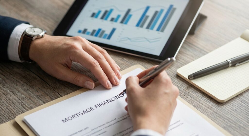 Analyse précise d'un dossier de crédit hypothécaire pour un bien immobilier à Le Landeron, focus sur les mains et les outils de calcul.