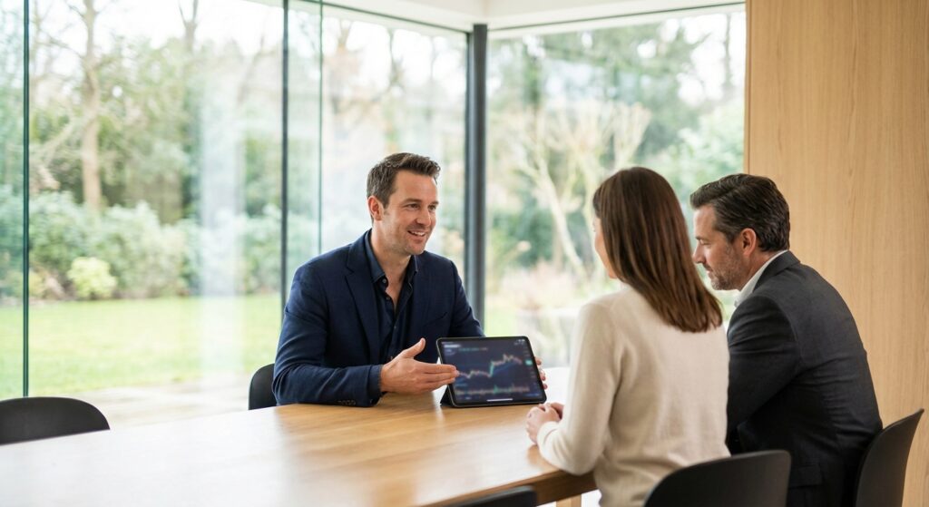 Conseiller financier discutant des options de crédit hypothécaire à Préverenges avec un couple dans un bureau moderne.