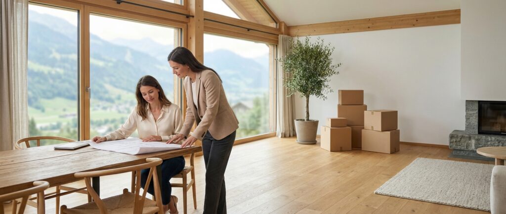 Consultant discutant de l'organisation d'un déménagement à Fribourg dans un appartement lumineux avec des cartons soignés