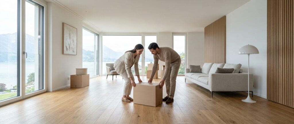 Couple organisant un déménagement à Romont dans un appartement moderne et lumineux.