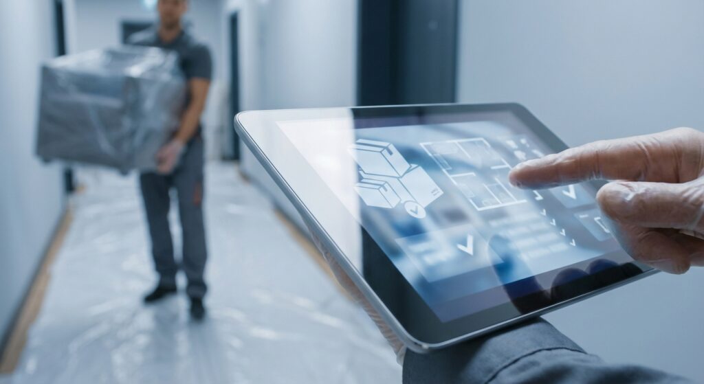 Gestion logistique sur tablette pour un projet de déménagement à Fribourg avec arrière-plan flou de protection des sols