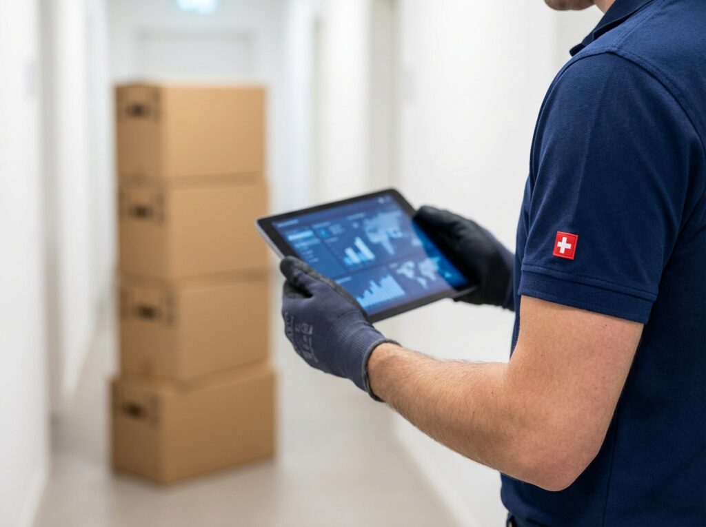 Expert planifiant la logistique d'un déménagement à Romont sur une tablette.