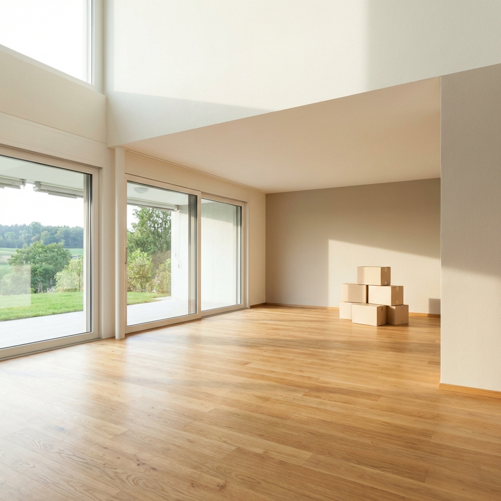 Intérieur d'appartement suisse vide et lumineux avec cartons prêts pour un déménagement à Nyon