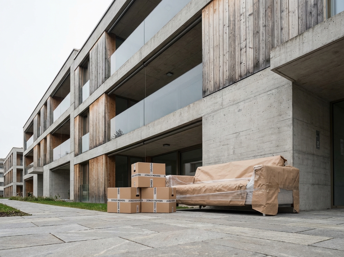 Façade d'immeuble résidentiel suisse moderne avec cartons prêts pour un déménagement à Fribourg