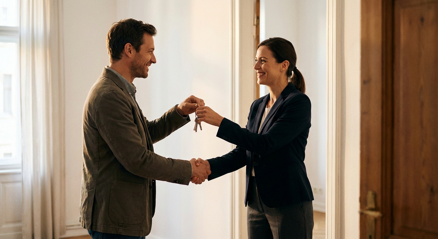 Échange de clés et poignée de main entre un expert en déménagement à Fribourg et un client satisfait