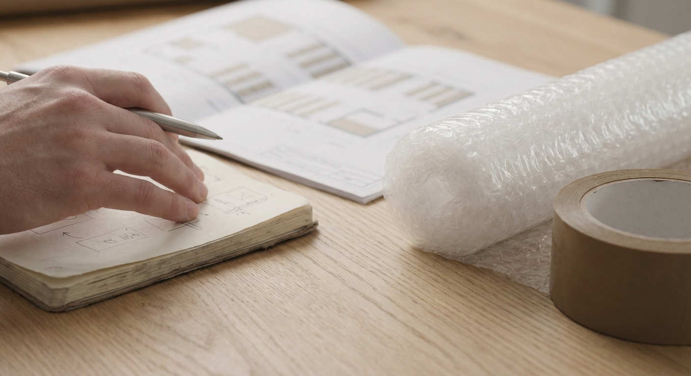 Détail de la planification d'un déménagement à Granges-Paccot avec plans et matériel d'emballage sur une table.