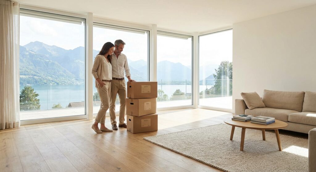 Couple préparant sereinement son déménagement au Mouret dans un salon lumineux avec des cartons soigneusement rangés