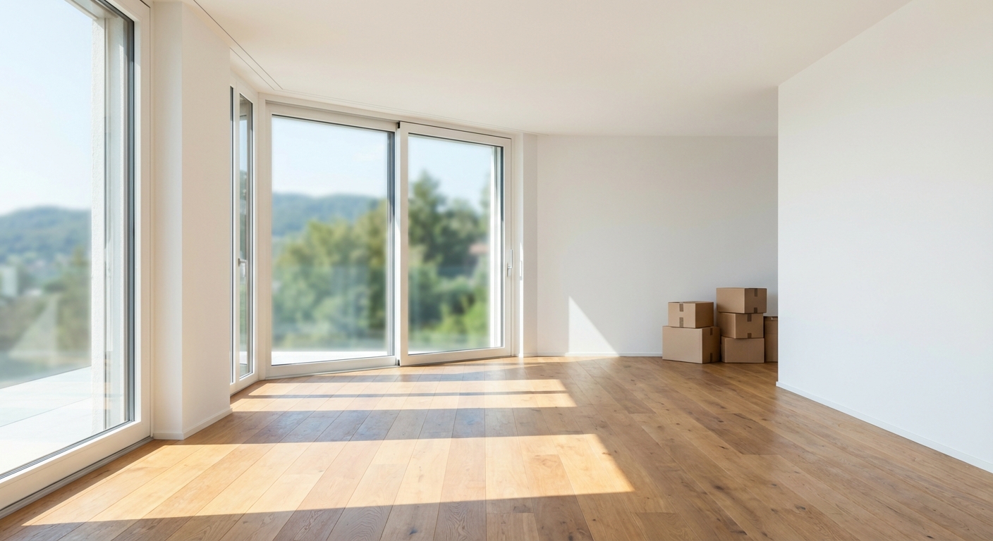 Intérieur d'appartement suisse lumineux et vide avec quelques cartons, prêt pour un emménagement à Granges-Paccot.