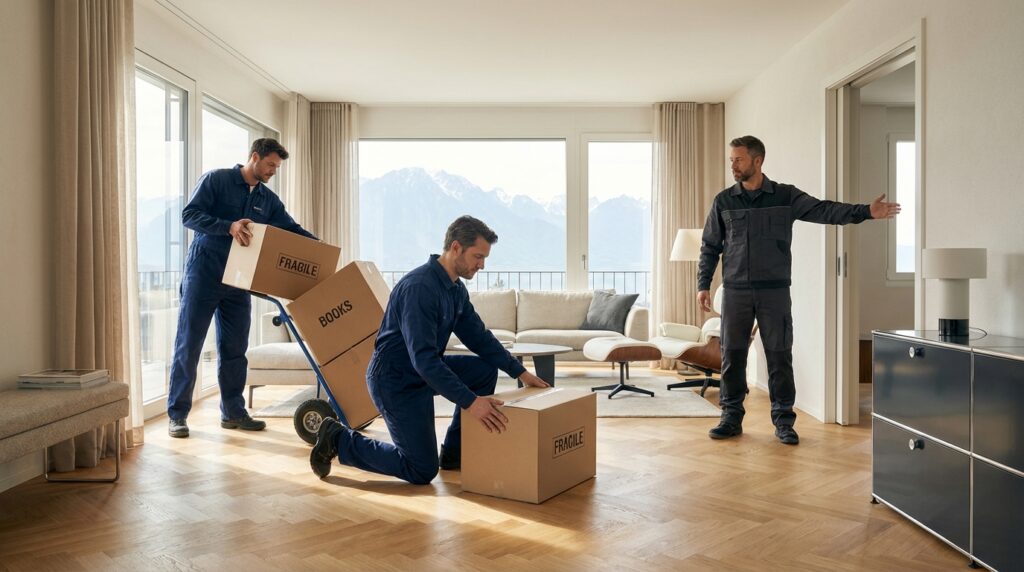 Équipe de déménageurs professionnels manipulant des cartons avec soin dans un salon lumineux lors d'un déménagement à Neyruz.