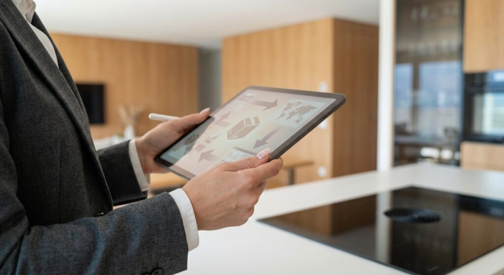 Expert en logistique utilisant une tablette pour organiser un déménagement efficace au Mouret