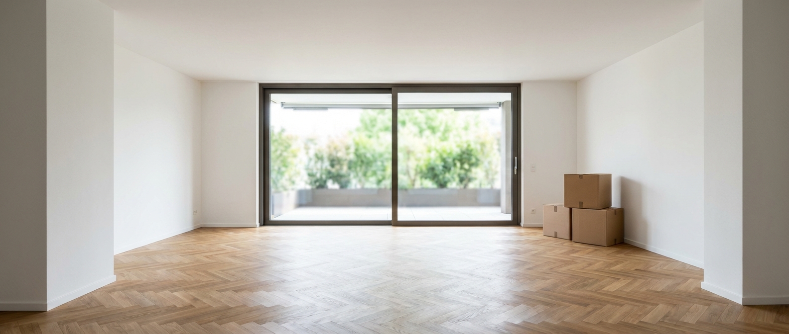 Intérieur d'un appartement suisse moderne et vide avec quelques cartons, prêt pour un emménagement au Mouret