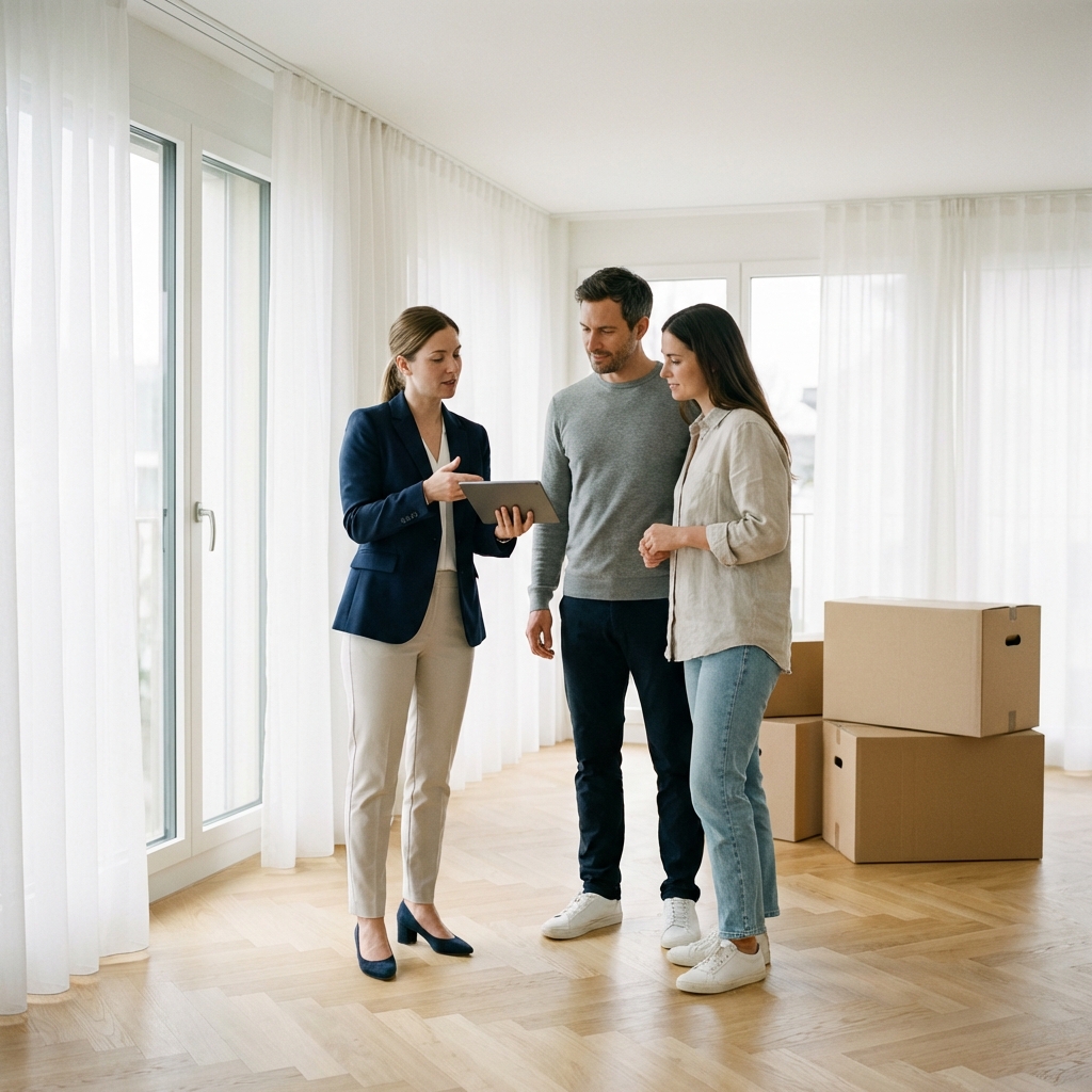 Coordinateur discutant calmement avec un couple lors d'un déménagement à Villars-sur-Glâne dans un salon lumineux.