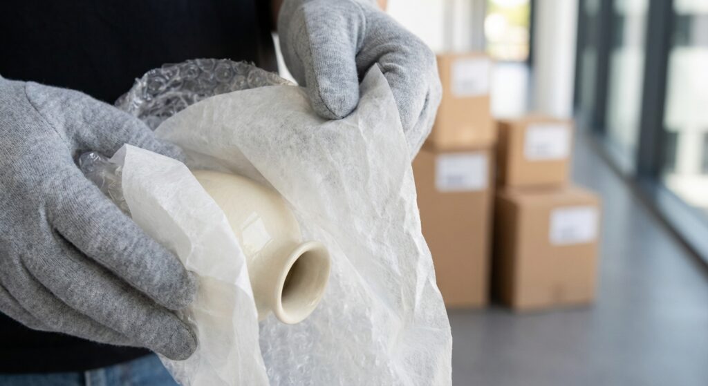 Détail des mains d'un expert emballant soigneusement un objet fragile avec du matériel de protection pour un déménagement sécurisé à Neyruz.