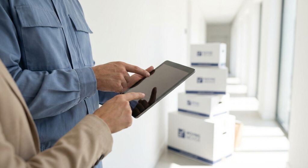 Expert en déménagement utilisant une tablette pour organiser la logistique d'un transfert de domicile à Bulle.