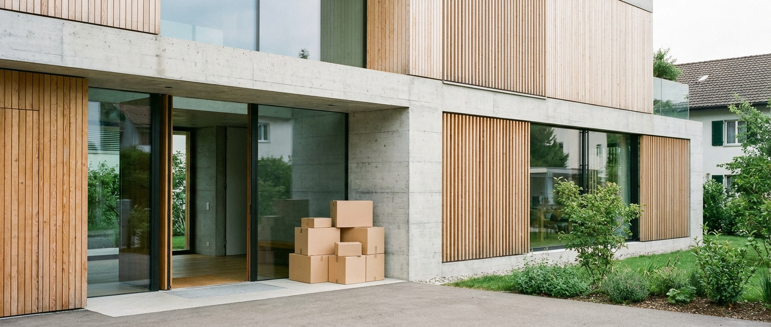 Entrée d'immeuble résidentiel suisse moderne avec cartons prêts pour le départ, illustrant un déménagement à Bulle.