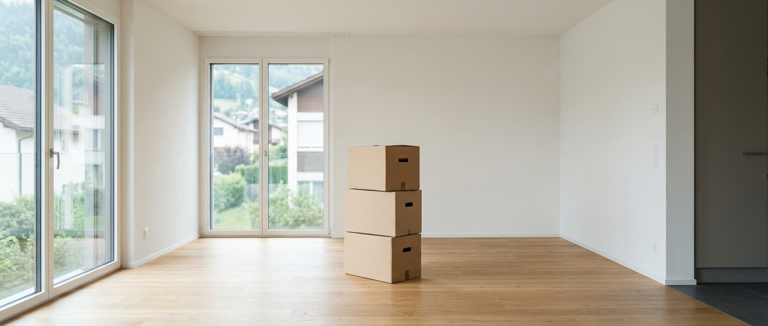 Intérieur d'appartement spacieux et lumineux avec quelques cartons posés au sol, illustrant la préparation d'un déménagement à Neyruz.