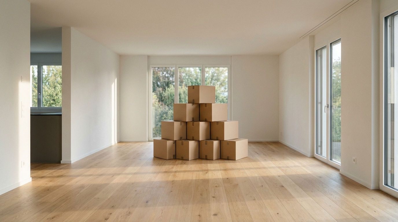 Intérieur d'appartement suisse moderne avec cartons préparés pour un déménagement à Villars-sur-Glâne.