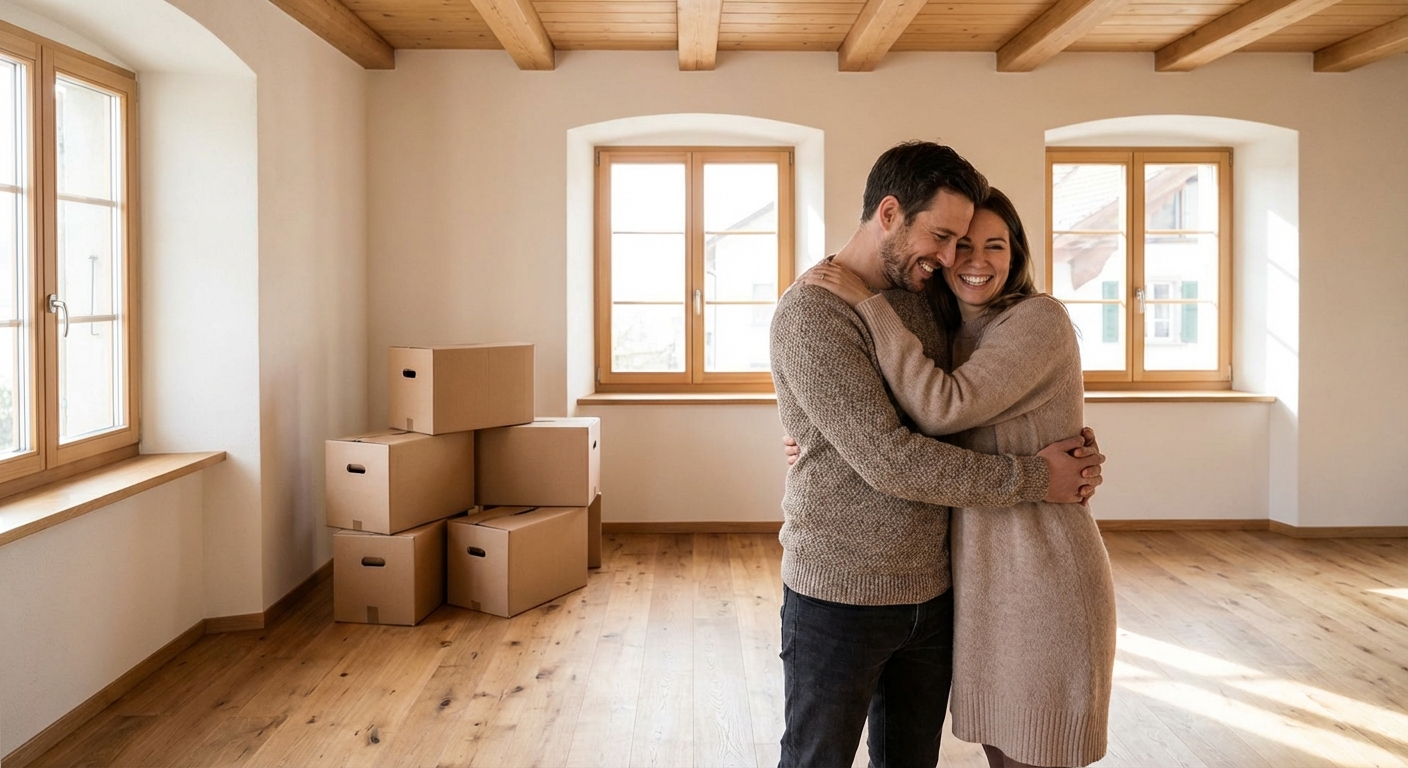 Couple serein dans un appartement lumineux avec quelques cartons, symbolisant un déménagement réussi à Bulle.