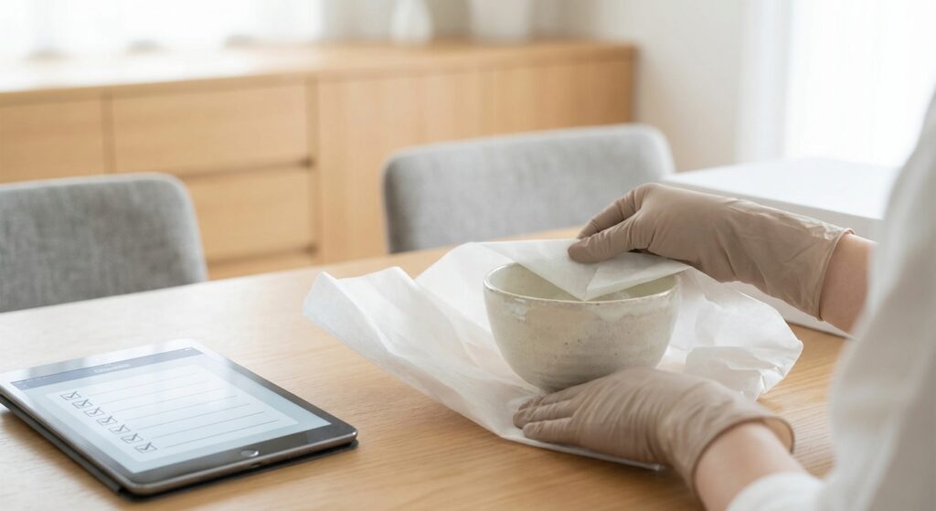 Emballage soigneux d'objets fragiles par un professionnel lors de la préparation d'un déménagement à Matran.
