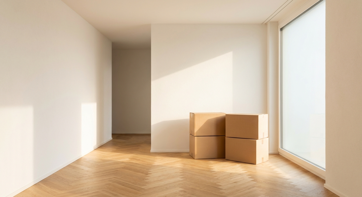 Intérieur d'appartement suisse lumineux avec cartons empilés, prêt pour un déménagement résidentiel à Matran.