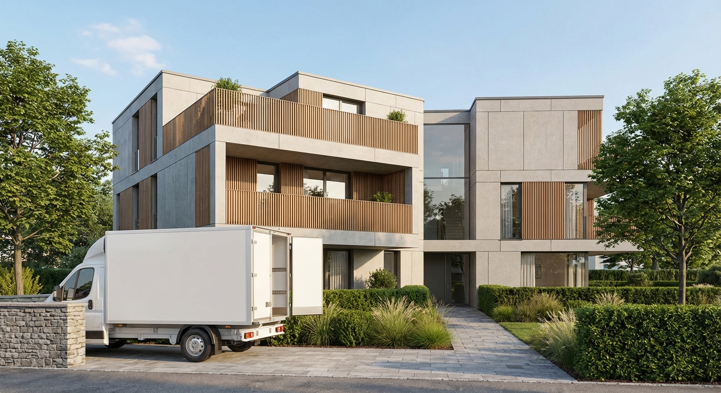 Camion de déménagement stationné devant une résidence moderne pour un déménagement à Romont.